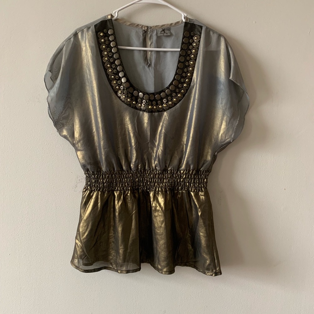 Buckle y2k metallic black gold embellished beaded top (bs